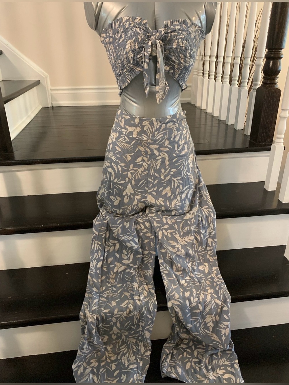 Smocked Blue Floral Wide-Leg Jumpsuit